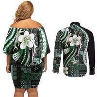 Samoa Siapo Tribal Pattern Couples Matching Off Shoulder Short Dress and Long Sleeve Button Shirt Forest Green Polynesian Plumeria Tapa Motif LT9 - Polynesian Pride