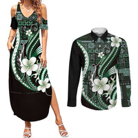 Samoa Siapo Tribal Pattern Couples Matching Summer Maxi Dress and Long Sleeve Button Shirt Forest Green Polynesian Plumeria Tapa Motif LT9 Green - Polynesian Pride