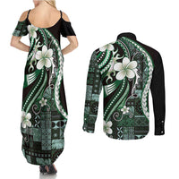 Samoa Siapo Tribal Pattern Couples Matching Summer Maxi Dress and Long Sleeve Button Shirt Forest Green Polynesian Plumeria Tapa Motif LT9 - Polynesian Pride