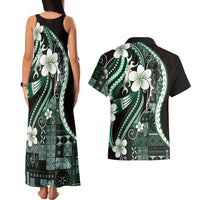 Samoa Siapo Tribal Pattern Couples Matching Tank Maxi Dress and Hawaiian Shirt Forest Green Polynesian Plumeria Tapa Motif