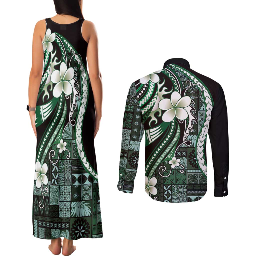 Samoa Siapo Tribal Pattern Couples Matching Tank Maxi Dress and Long Sleeve Button Shirt Forest Green Polynesian Plumeria Tapa Motif LT9 - Polynesian Pride