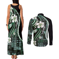 Samoa Siapo Tribal Pattern Couples Matching Tank Maxi Dress and Long Sleeve Button Shirt Forest Green Polynesian Plumeria Tapa Motif LT9 - Polynesian Pride