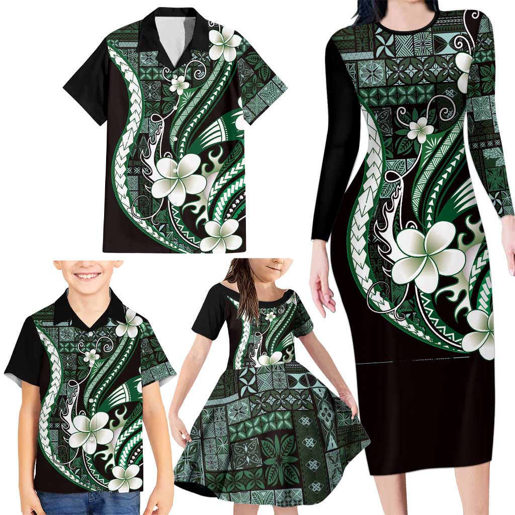 Samoa Siapo Tribal Pattern Family Matching Long Sleeve Bodycon Dress and Hawaiian Shirt Forest Green Polynesian Plumeria Tapa Motif