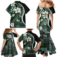 Samoa Siapo Tribal Pattern Family Matching Mermaid Dress and Hawaiian Shirt Forest Green Polynesian Plumeria Tapa Motif