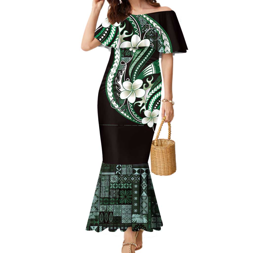 Samoa Siapo Tribal Pattern Family Matching Mermaid Dress and Hawaiian Shirt Forest Green Polynesian Plumeria Tapa Motif