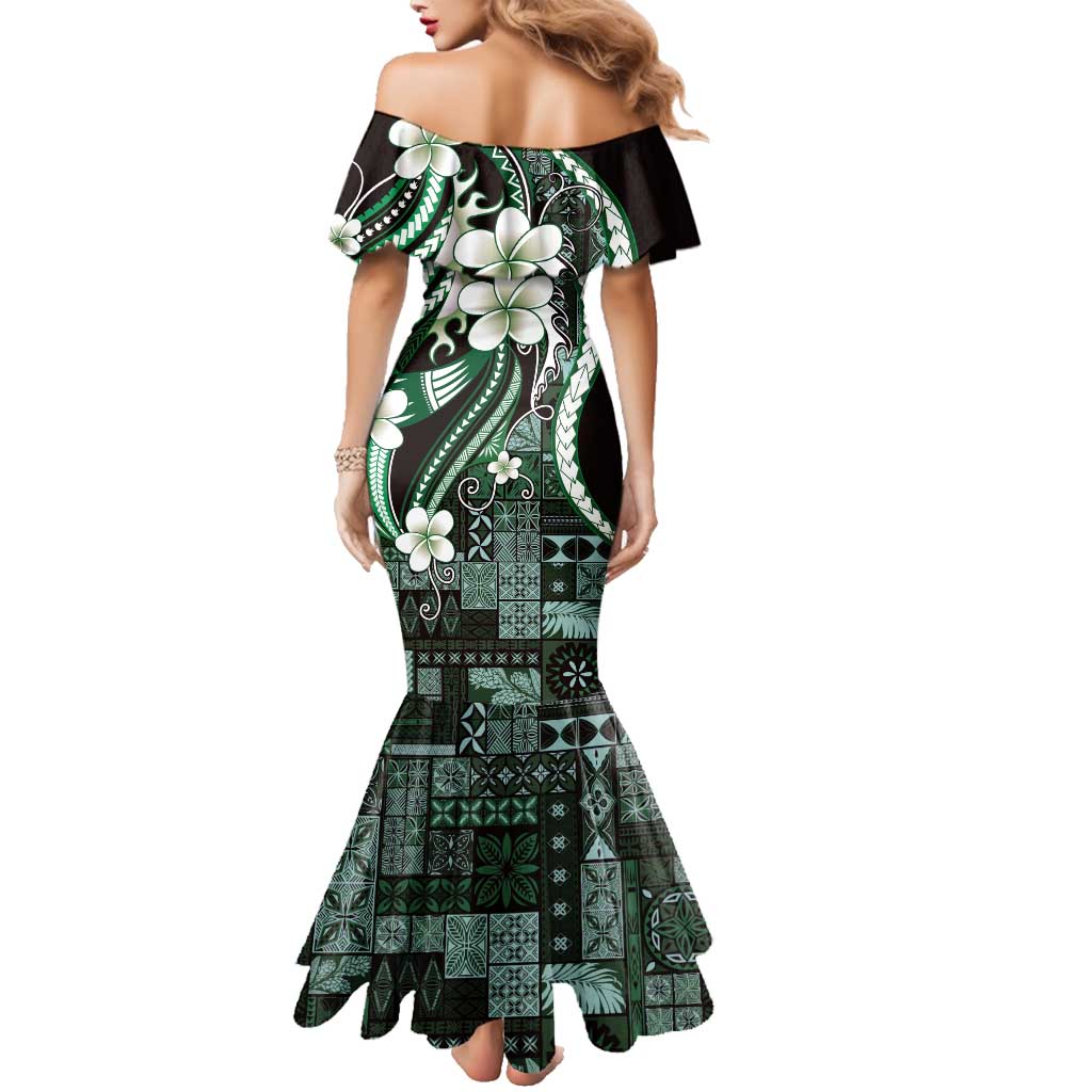 Samoa Siapo Tribal Pattern Family Matching Mermaid Dress and Hawaiian Shirt Forest Green Polynesian Plumeria Tapa Motif