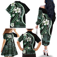 Samoa Siapo Tribal Pattern Family Matching Off The Shoulder Long Sleeve Dress and Hawaiian Shirt Forest Green Polynesian Plumeria Tapa Motif