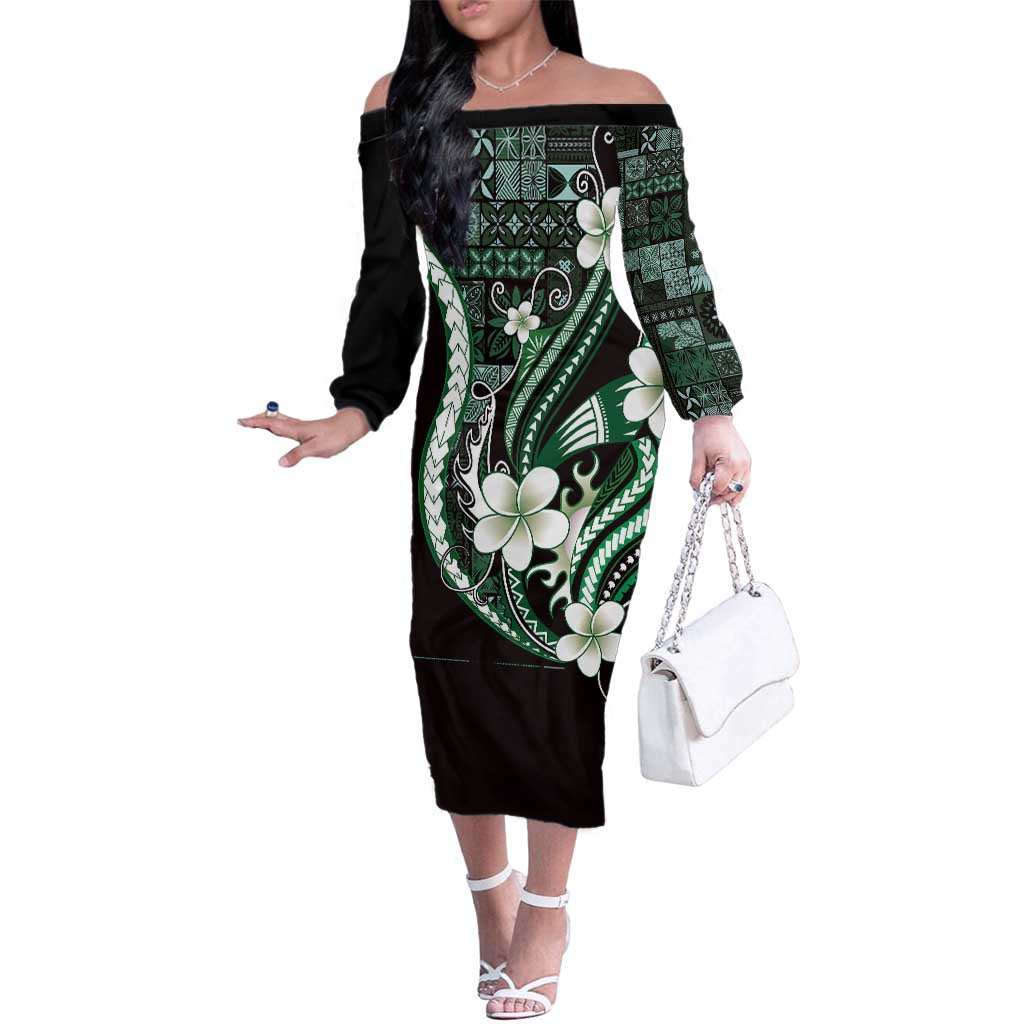 Samoa Siapo Tribal Pattern Family Matching Off The Shoulder Long Sleeve Dress and Hawaiian Shirt Forest Green Polynesian Plumeria Tapa Motif