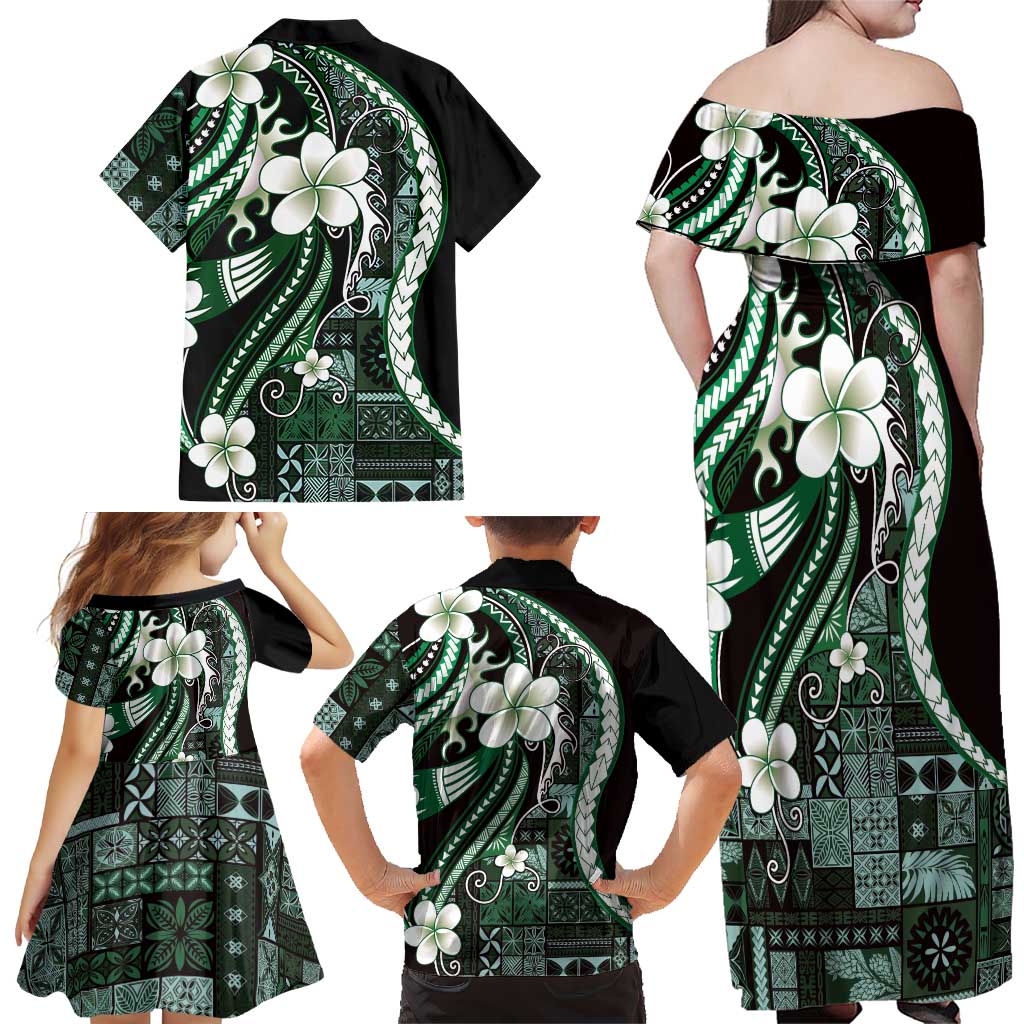 Samoa Siapo Tribal Pattern Family Matching Off Shoulder Maxi Dress and Hawaiian Shirt Forest Green Polynesian Plumeria Tapa Motif