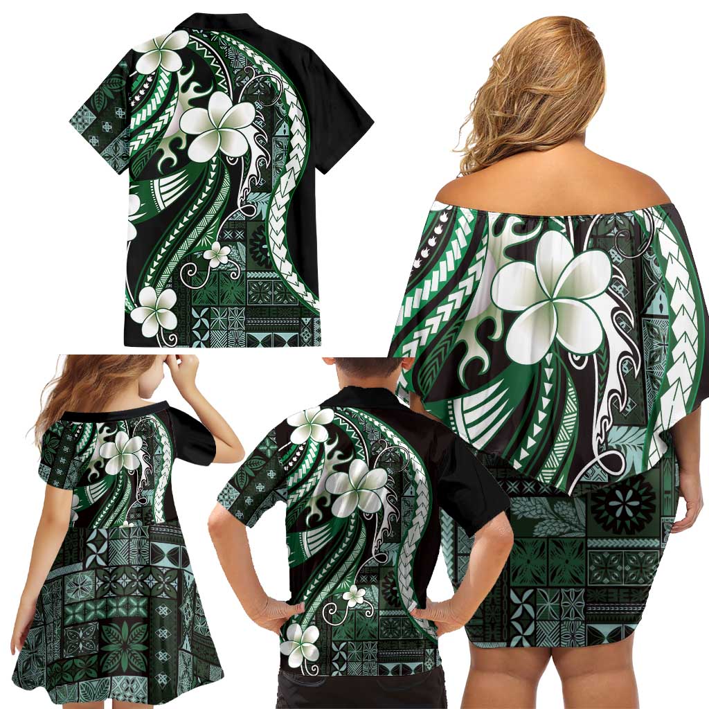 Samoa Siapo Tribal Pattern Family Matching Off Shoulder Short Dress and Hawaiian Shirt Forest Green Polynesian Plumeria Tapa Motif