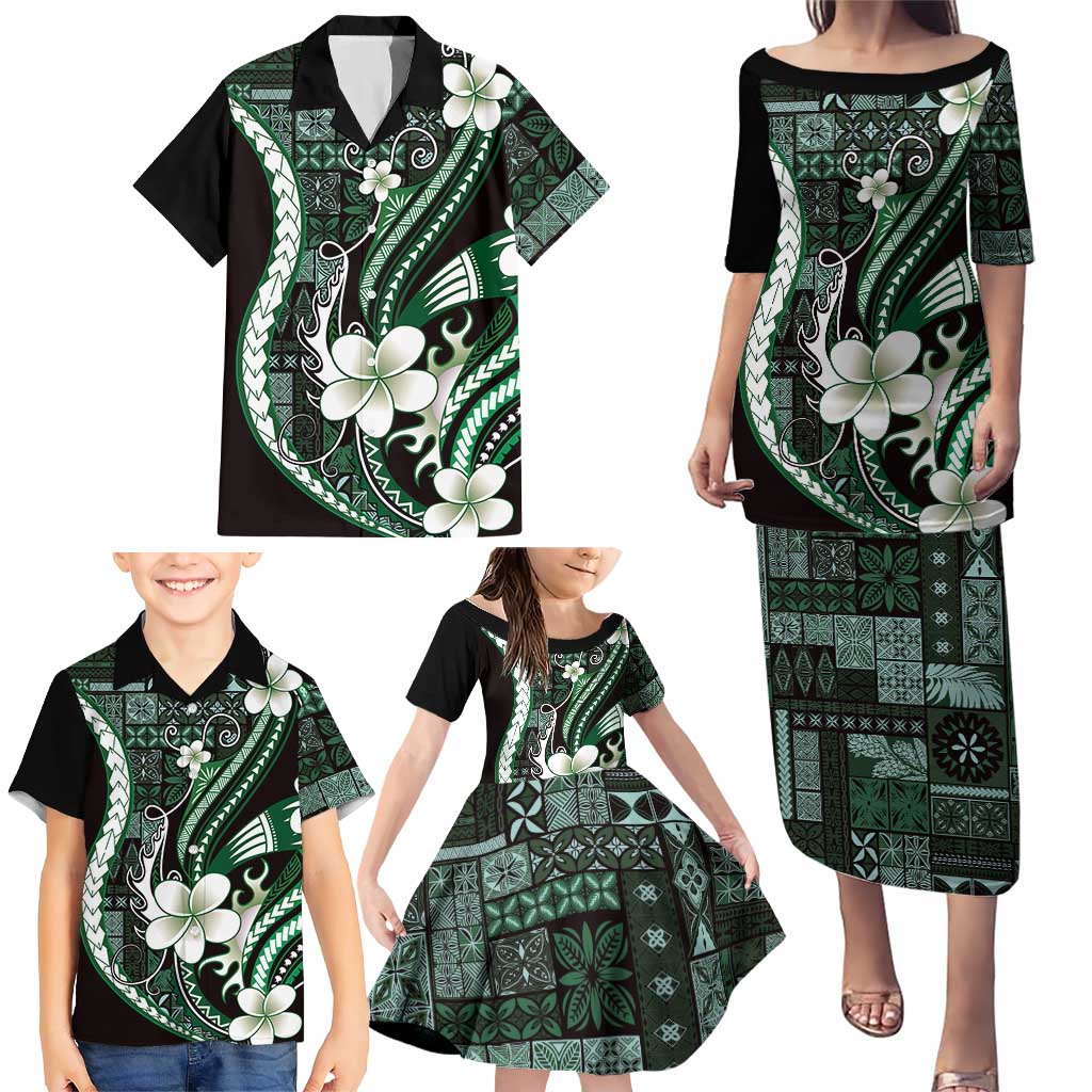 Samoa Siapo Tribal Pattern Family Matching Puletasi and Hawaiian Shirt Forest Green Polynesian Plumeria Tapa Motif