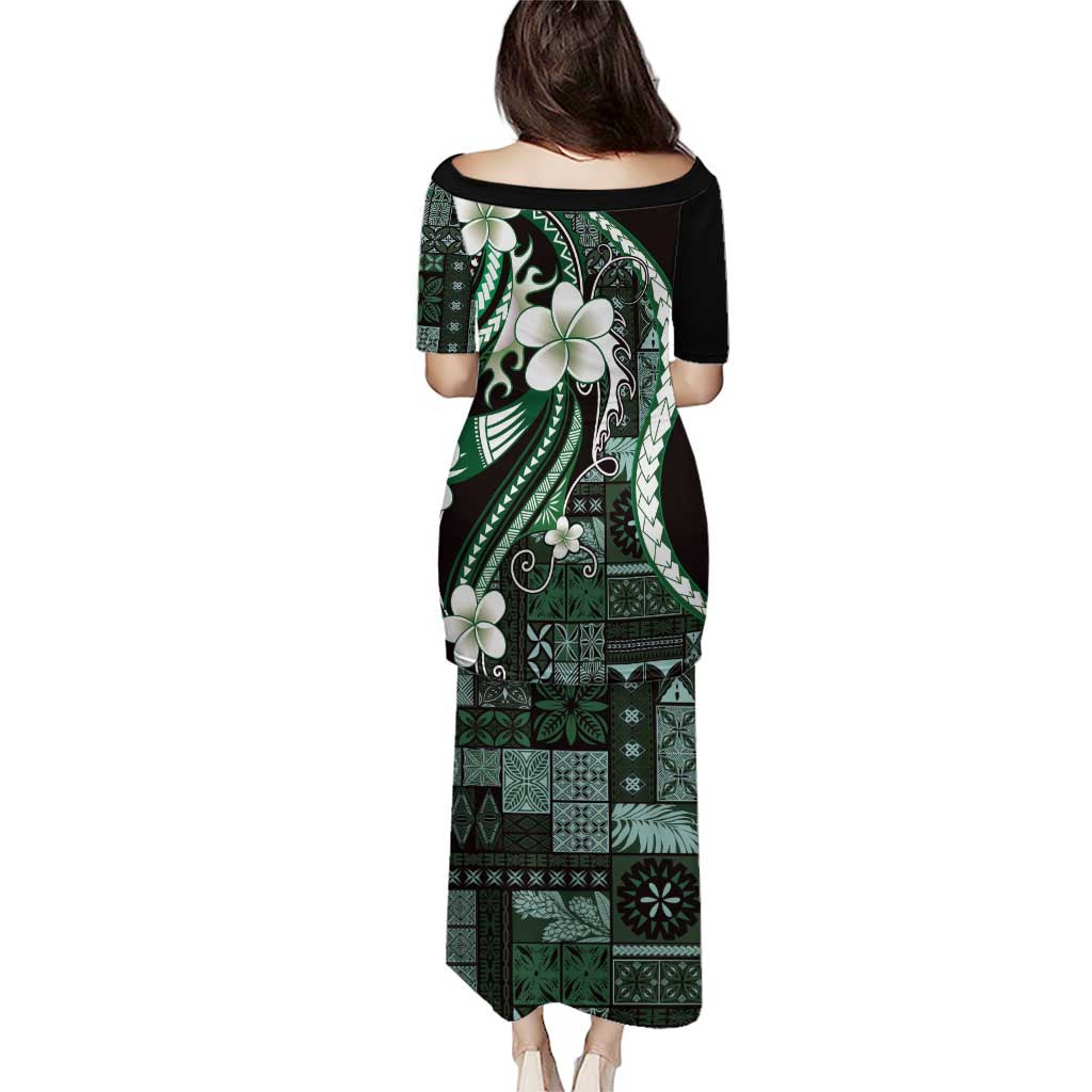 Samoa Siapo Tribal Pattern Family Matching Puletasi and Hawaiian Shirt Forest Green Polynesian Plumeria Tapa Motif