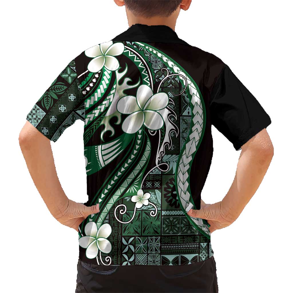 Samoa Siapo Tribal Pattern Family Matching Summer Maxi Dress and Hawaiian Shirt Forest Green Polynesian Plumeria Tapa Motif