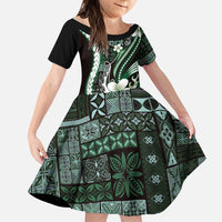 Samoa Siapo Tribal Pattern Family Matching Summer Maxi Dress and Hawaiian Shirt Forest Green Polynesian Plumeria Tapa Motif