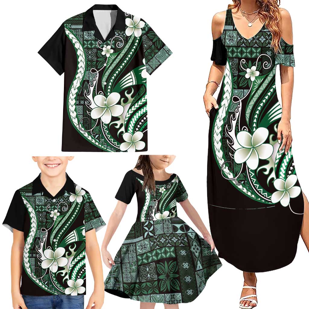 Samoa Siapo Tribal Pattern Family Matching Summer Maxi Dress and Hawaiian Shirt Forest Green Polynesian Plumeria Tapa Motif