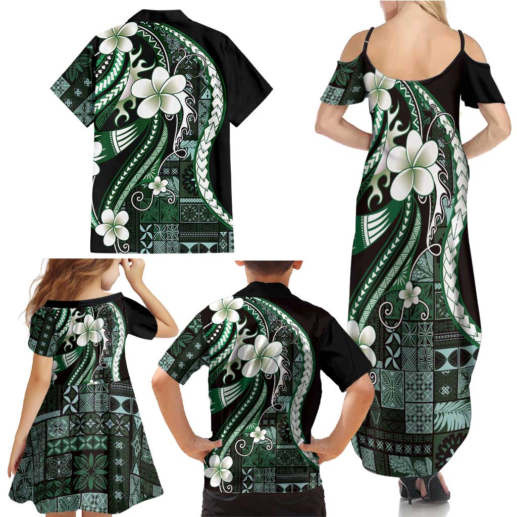 Samoa Siapo Tribal Pattern Family Matching Summer Maxi Dress and Hawaiian Shirt Forest Green Polynesian Plumeria Tapa Motif