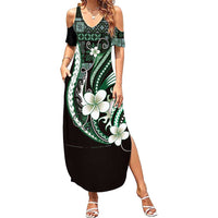 Samoa Siapo Tribal Pattern Family Matching Summer Maxi Dress and Hawaiian Shirt Forest Green Polynesian Plumeria Tapa Motif