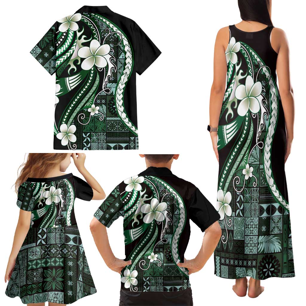 Samoa Siapo Tribal Pattern Family Matching Tank Maxi Dress and Hawaiian Shirt Forest Green Polynesian Plumeria Tapa Motif