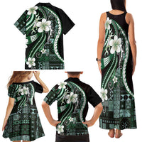 Samoa Siapo Tribal Pattern Family Matching Tank Maxi Dress and Hawaiian Shirt Forest Green Polynesian Plumeria Tapa Motif