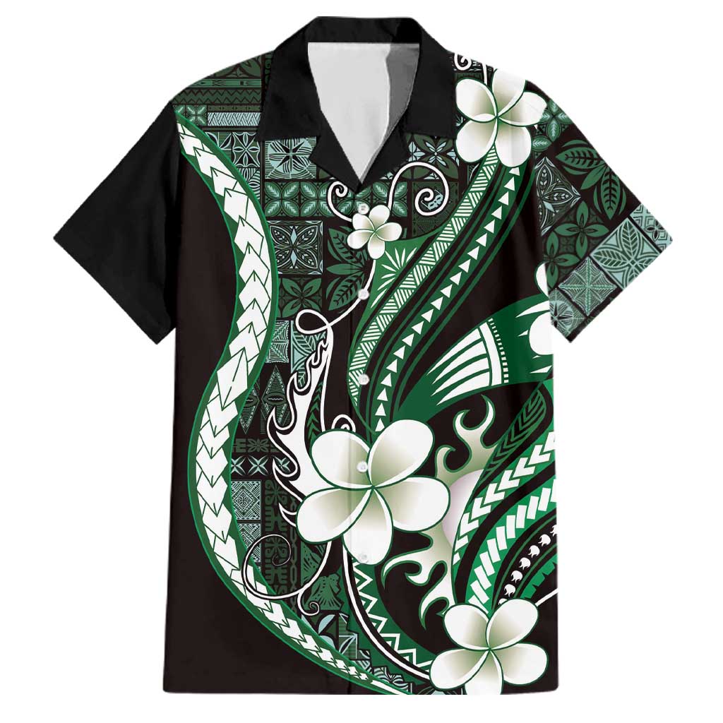 Samoa Siapo Tribal Pattern Family Matching Tank Maxi Dress and Hawaiian Shirt Forest Green Polynesian Plumeria Tapa Motif