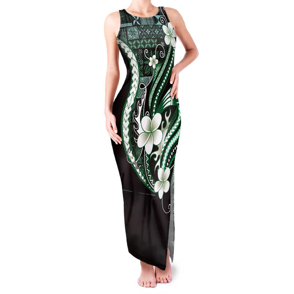 Samoa Siapo Tribal Pattern Family Matching Tank Maxi Dress and Hawaiian Shirt Forest Green Polynesian Plumeria Tapa Motif