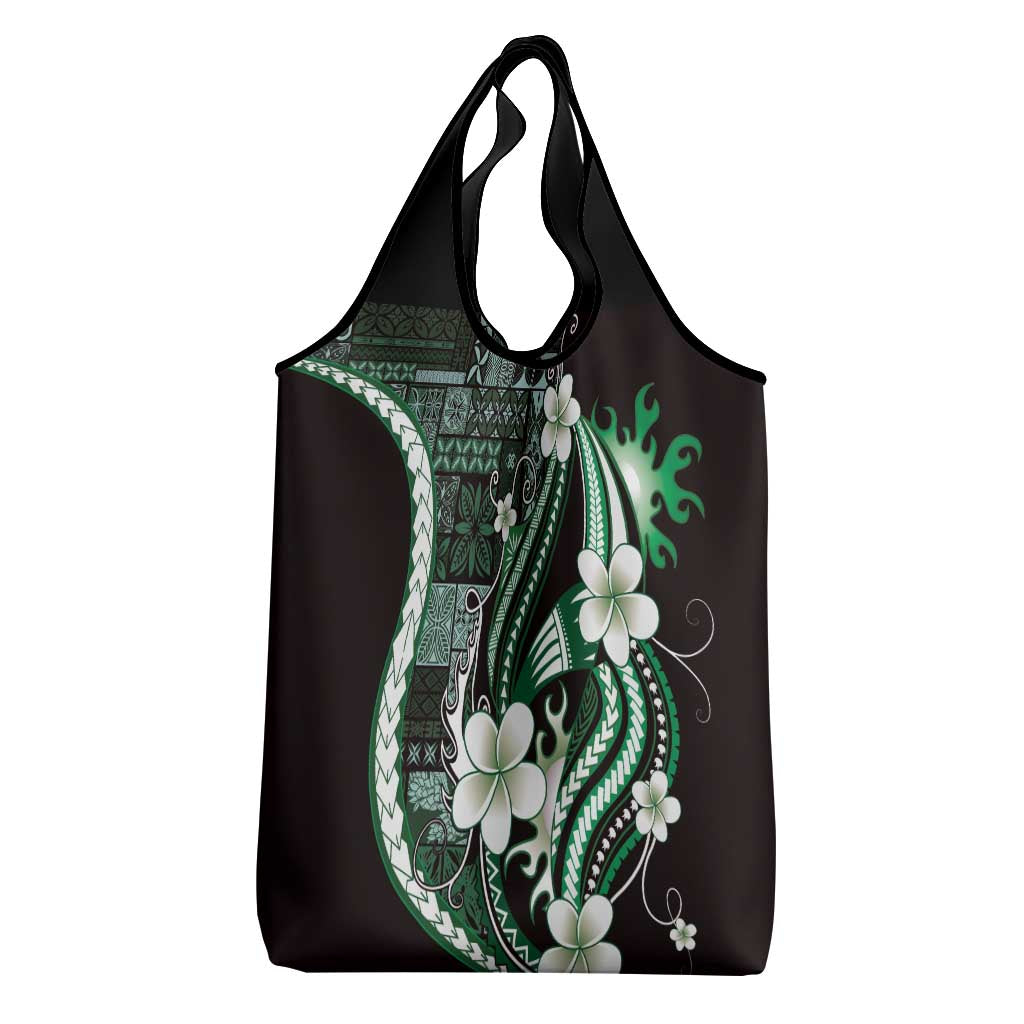 Samoa Siapo Tribal Pattern Grocery Bag Forest Green Polynesian Plumeria Tapa Motif