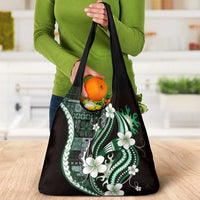 Samoa Siapo Tribal Pattern Grocery Bag Forest Green Polynesian Plumeria Tapa Motif