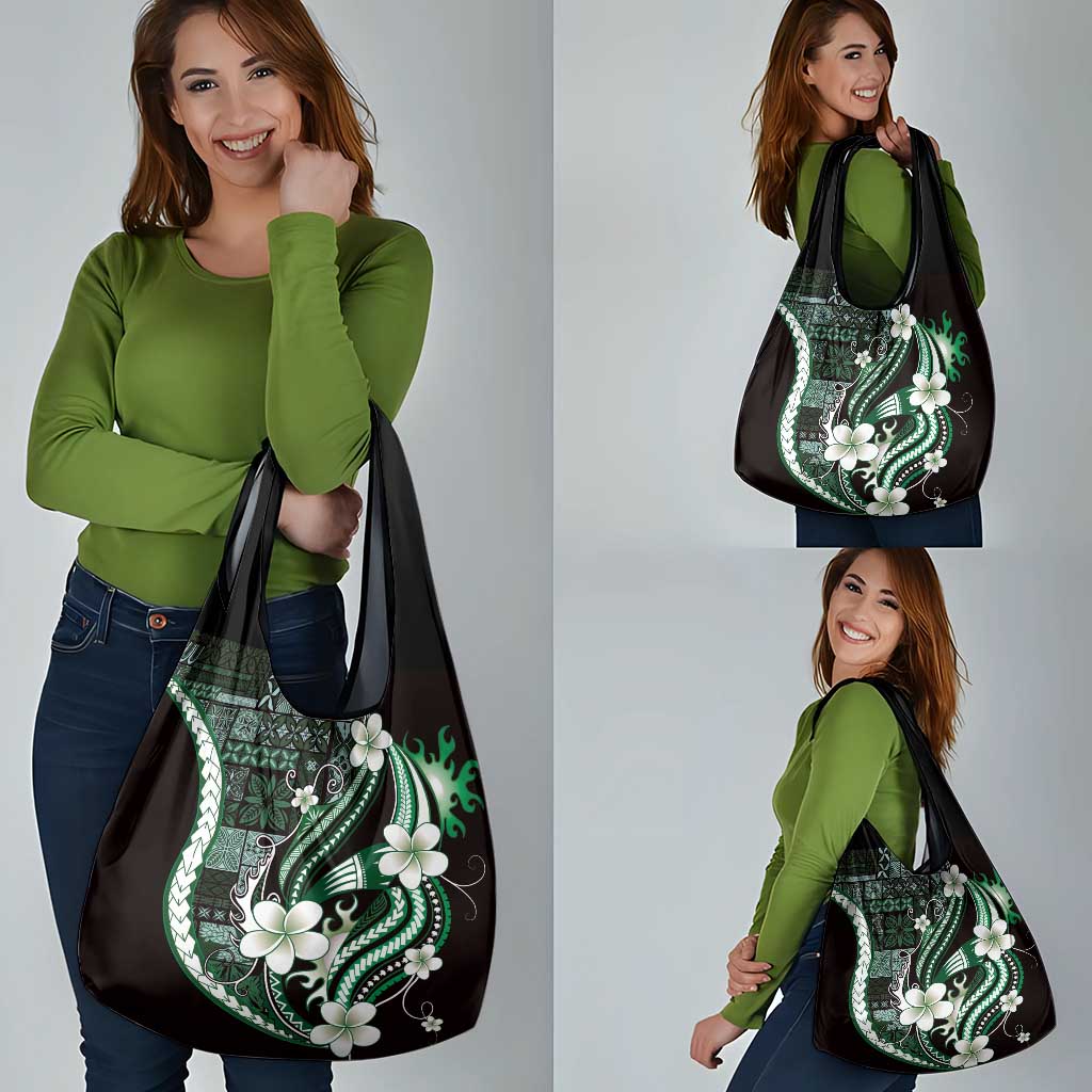 Samoa Siapo Tribal Pattern Grocery Bag Forest Green Polynesian Plumeria Tapa Motif