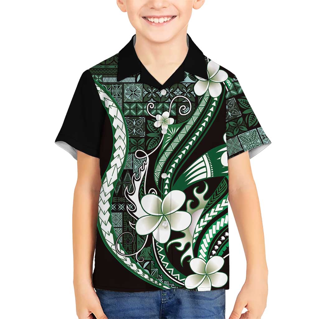 Samoa Siapo Tribal Pattern Kid Hawaiian Shirt Forest Green Polynesian Plumeria Tapa Motif