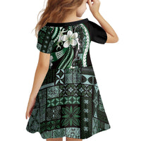 Samoa Siapo Tribal Pattern Kid Short Sleeve Dress Forest Green Polynesian Plumeria Tapa Motif