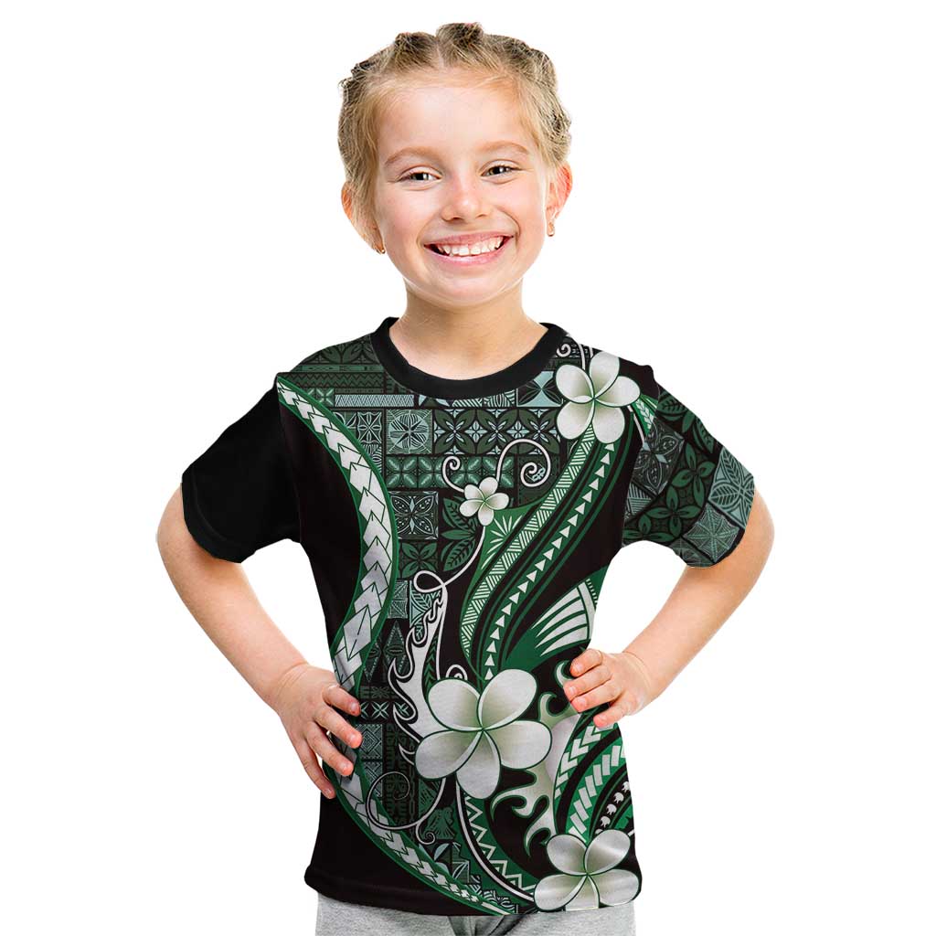 Samoa Siapo Tribal Pattern Kid T Shirt Forest Green Polynesian Plumeria Tapa Motif