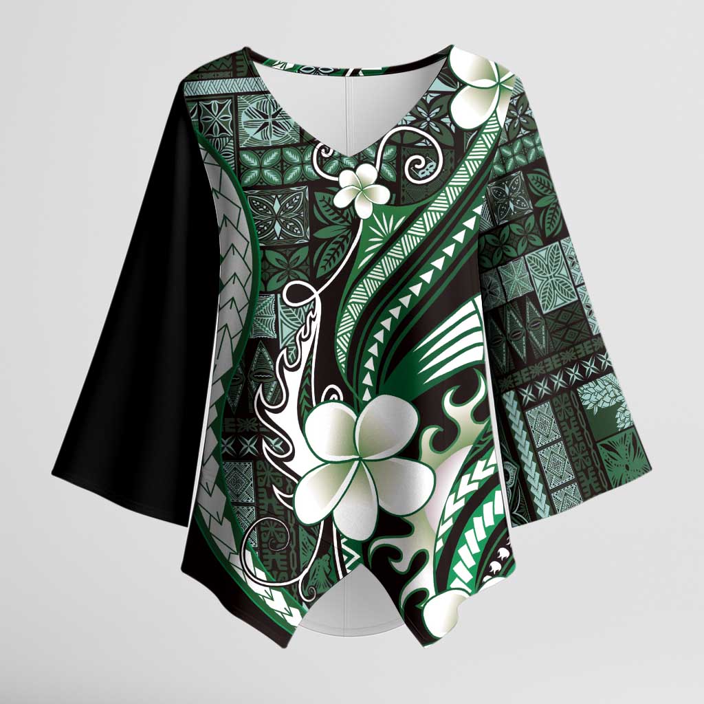 Samoa Siapo Tribal Pattern Kimono Sleeve Blouse Forest Green Polynesian Plumeria Tapa Motif