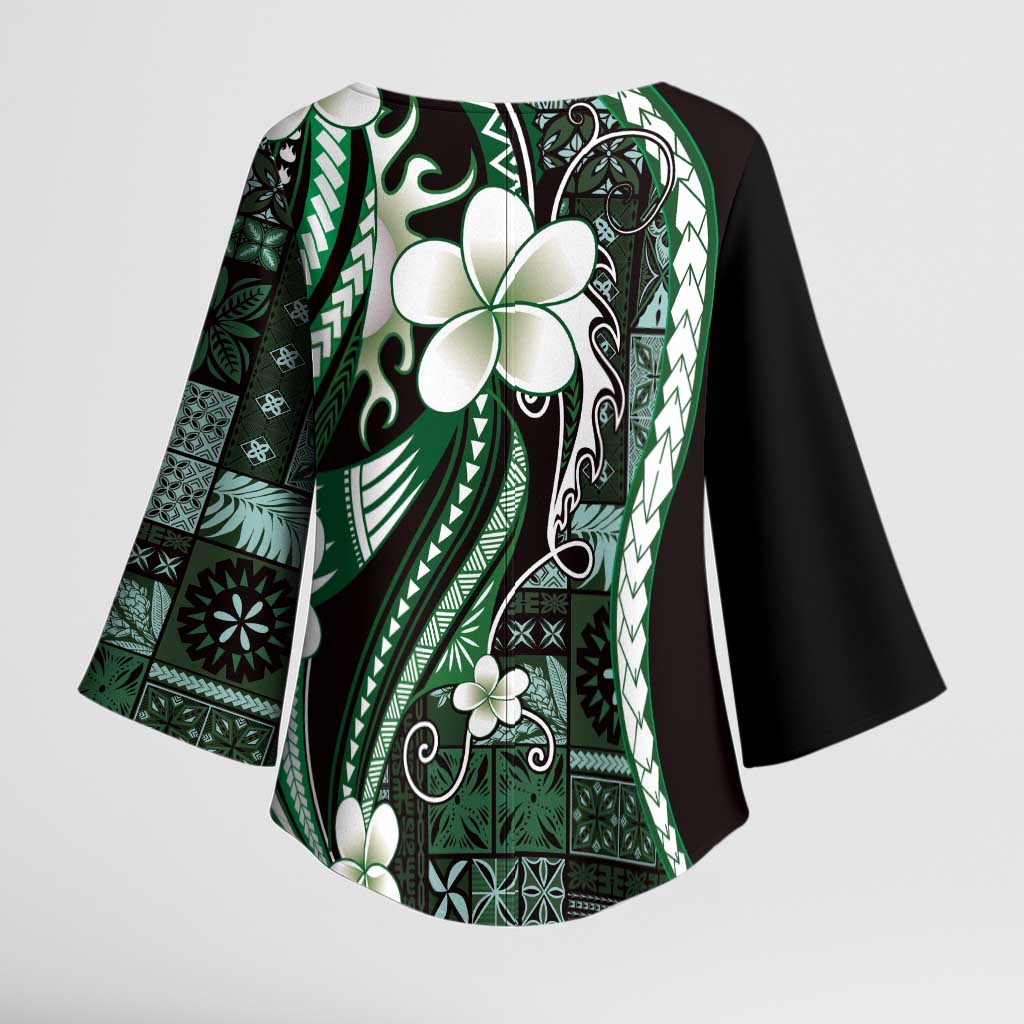 Samoa Siapo Tribal Pattern Kimono Sleeve Blouse Forest Green Polynesian Plumeria Tapa Motif