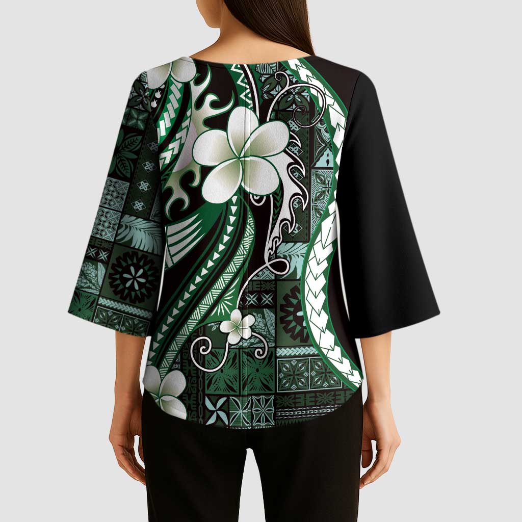 Samoa Siapo Tribal Pattern Kimono Sleeve Blouse Forest Green Polynesian Plumeria Tapa Motif