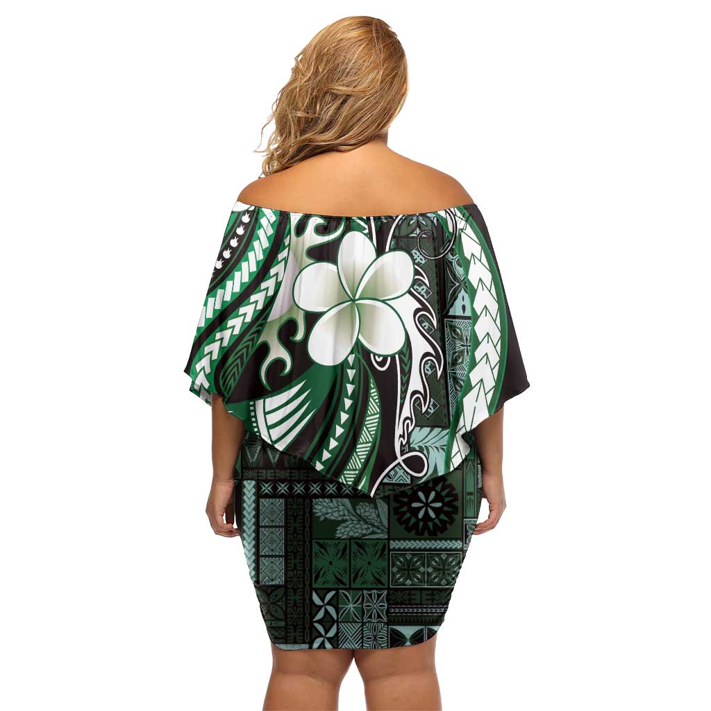 Samoa Siapo Tribal Pattern Off Shoulder Short Dress Forest Green Polynesian Plumeria Tapa Motif