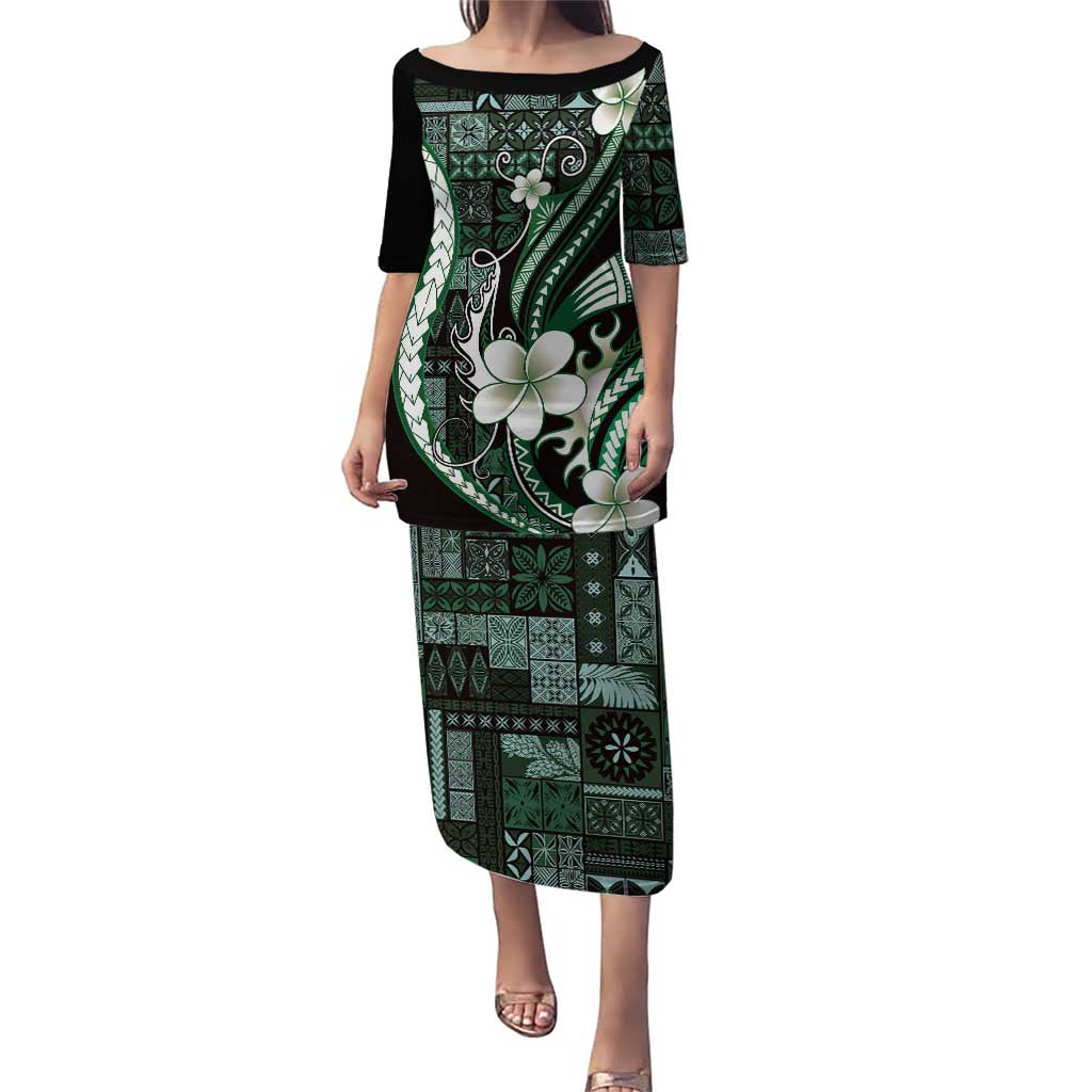 Samoa Siapo Tribal Pattern Puletasi Forest Green Polynesian Plumeria Tapa Motif