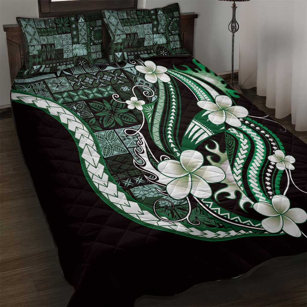 Samoa Siapo Tribal Pattern Quilt Bed Set Forest Green Polynesian Plumeria Tapa Motif