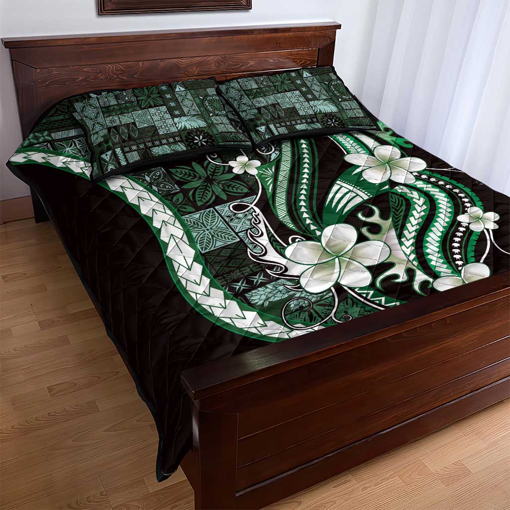 Samoa Siapo Tribal Pattern Quilt Bed Set Forest Green Polynesian Plumeria Tapa Motif