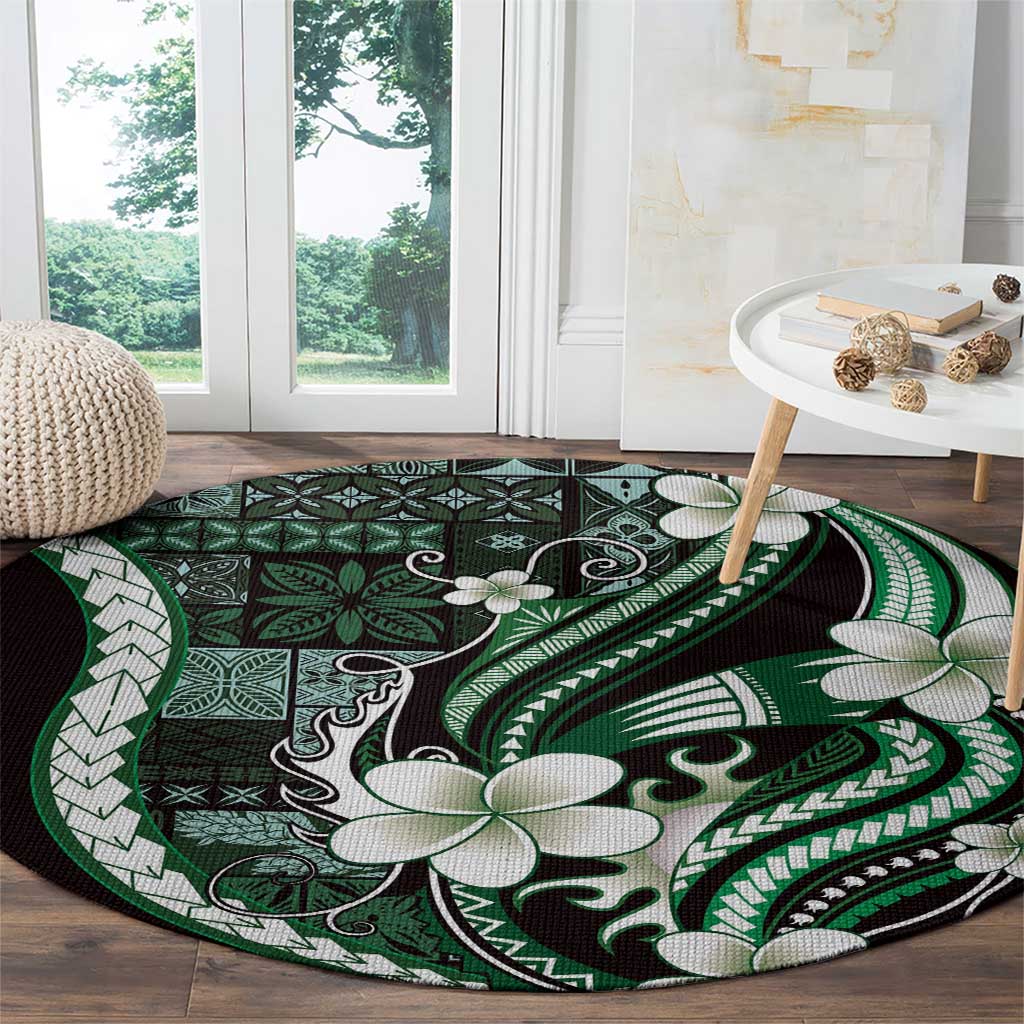 Samoa Siapo Tribal Pattern Round Carpet Forest Green Polynesian Plumeria Tapa Motif
