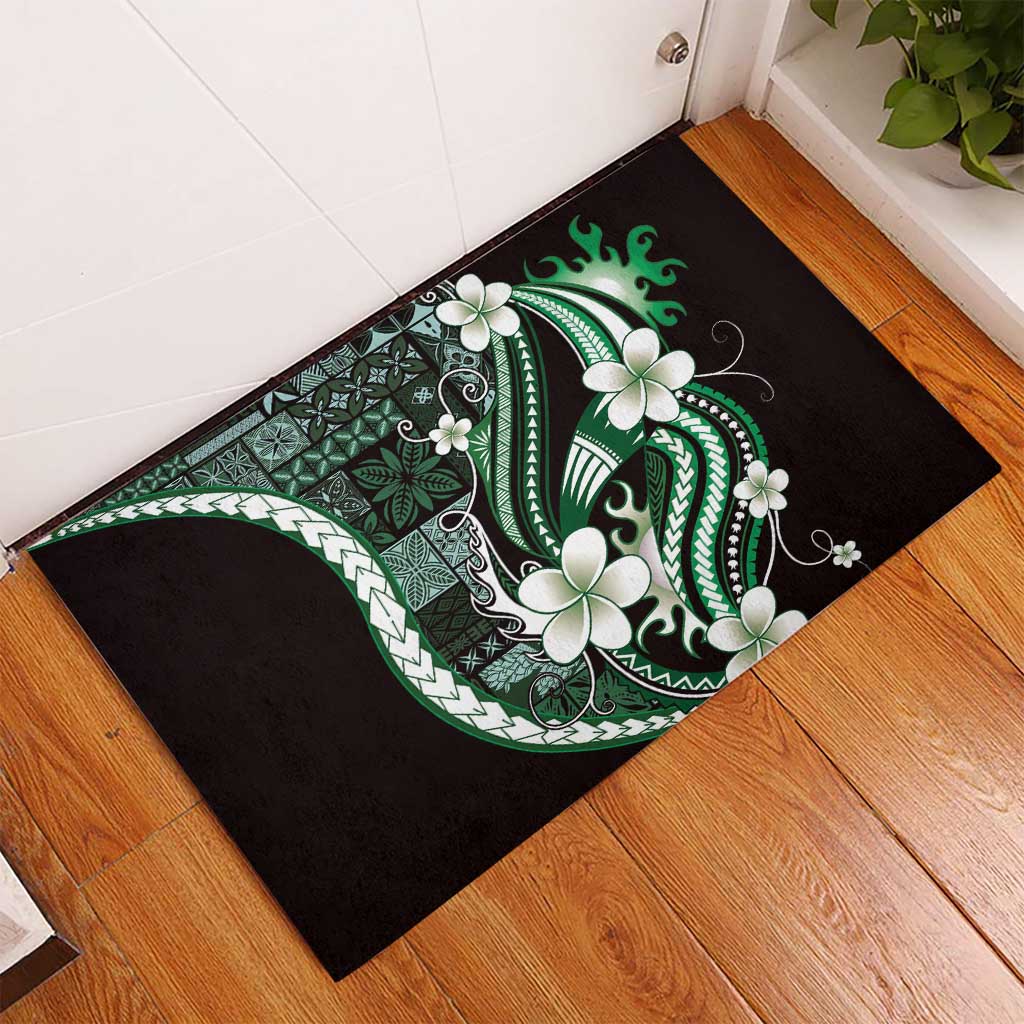 Samoa Siapo Tribal Pattern Rubber Doormat Forest Green Polynesian Plumeria Tapa Motif