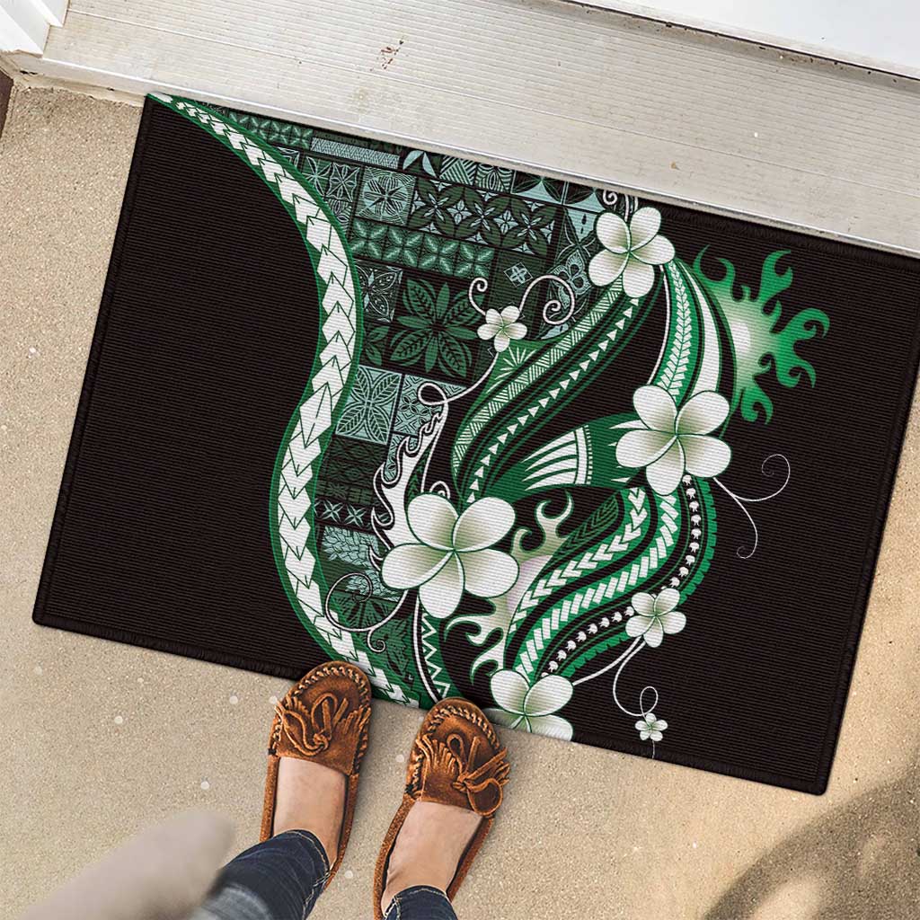 Samoa Siapo Tribal Pattern Rubber Doormat Forest Green Polynesian Plumeria Tapa Motif