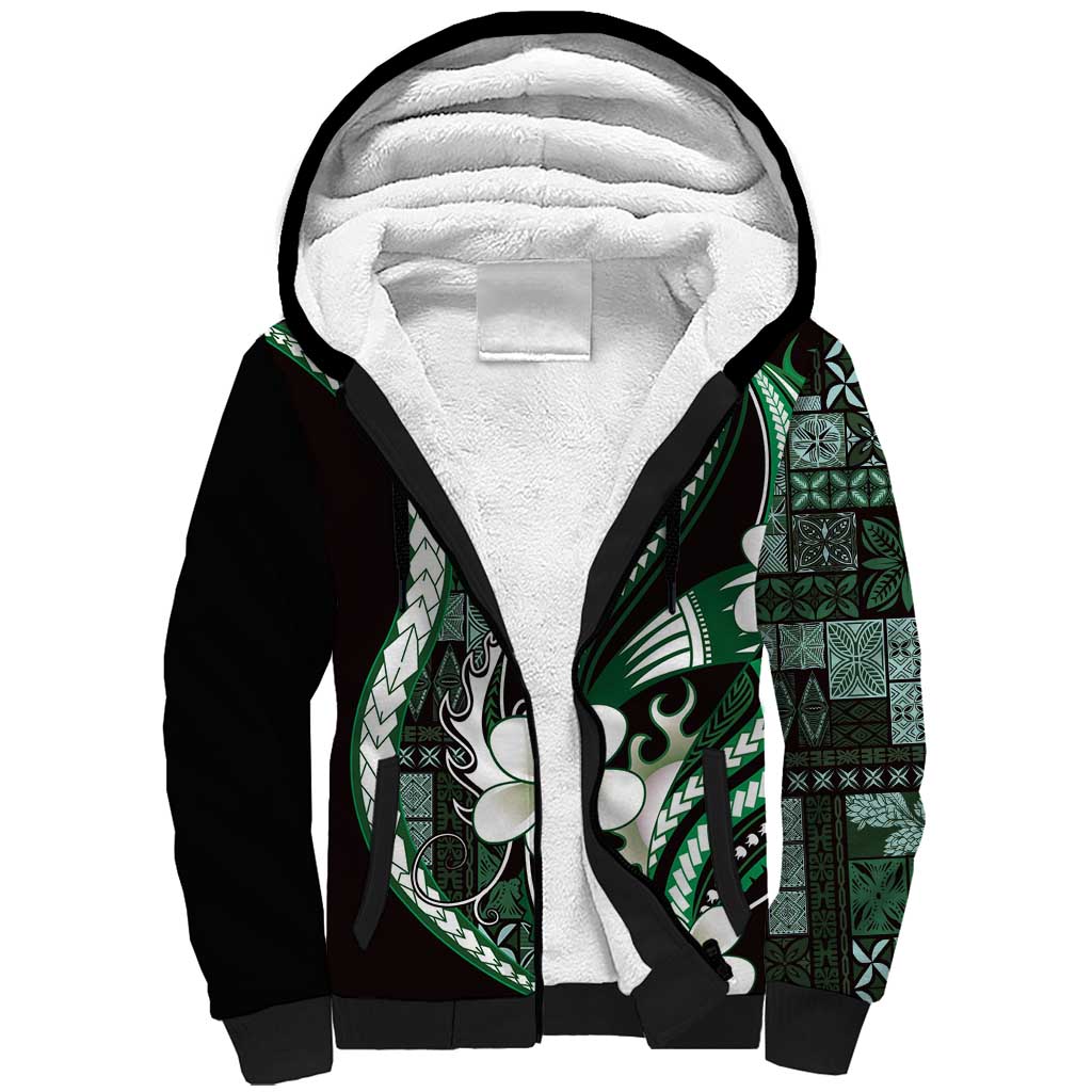 Samoa Siapo Tribal Pattern Sherpa Hoodie Forest Green Polynesian Plumeria Tapa Motif