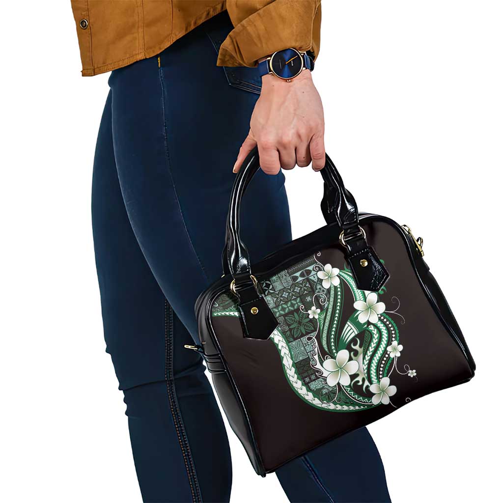 Samoa Siapo Tribal Pattern Shoulder Handbag Forest Green Polynesian Plumeria Tapa Motif