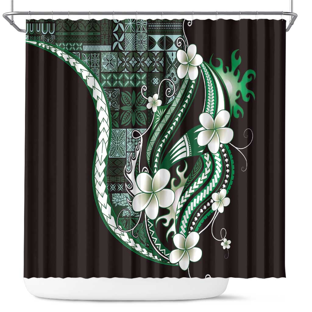 Samoa Siapo Tribal Pattern Shower Curtain Forest Green Polynesian Plumeria Tapa Motif