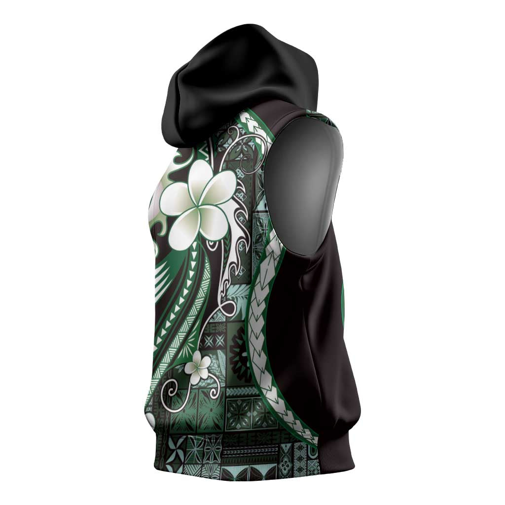 Samoa Siapo Tribal Pattern Sleeveless Hoodie Forest Green Polynesian Plumeria Tapa Motif