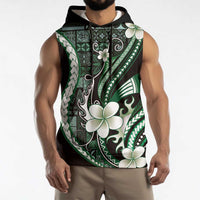 Samoa Siapo Tribal Pattern Sleeveless Hoodie Forest Green Polynesian Plumeria Tapa Motif