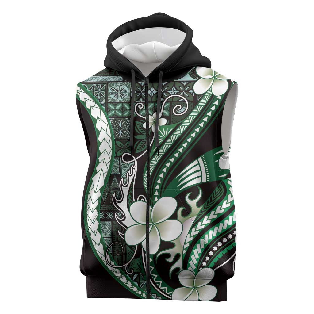 Samoa Siapo Tribal Pattern Sleeveless Zip Hoodie Forest Green Polynesian Plumeria Tapa Motif