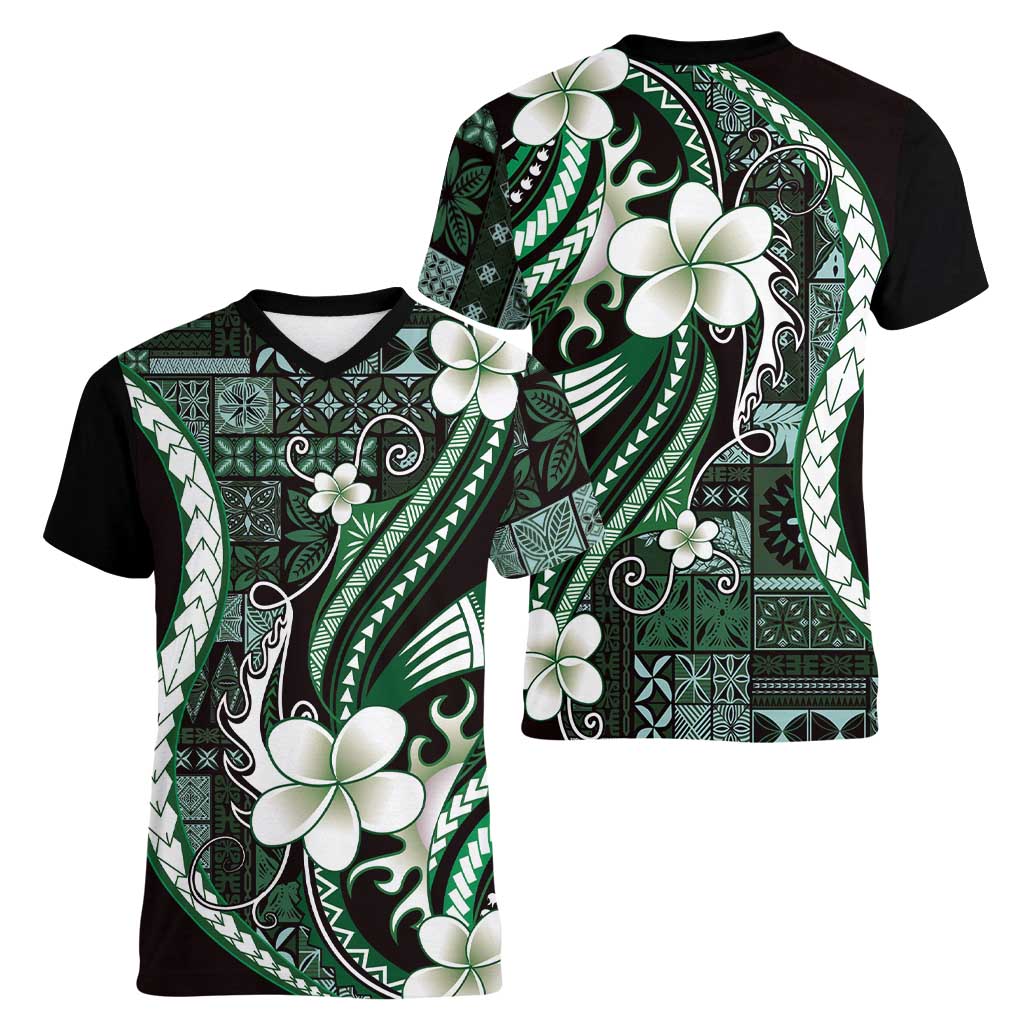 Samoa Siapo Tribal Pattern Women V-Neck T-Shirt Forest Green Polynesian Plumeria Tapa Motif