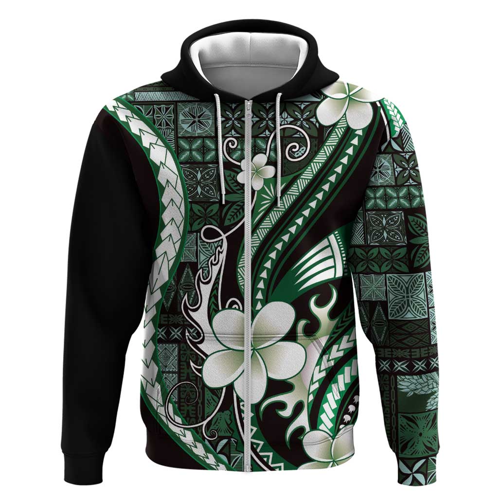 Samoa Siapo Tribal Pattern Zip Hoodie Forest Green Polynesian Plumeria Tapa Motif