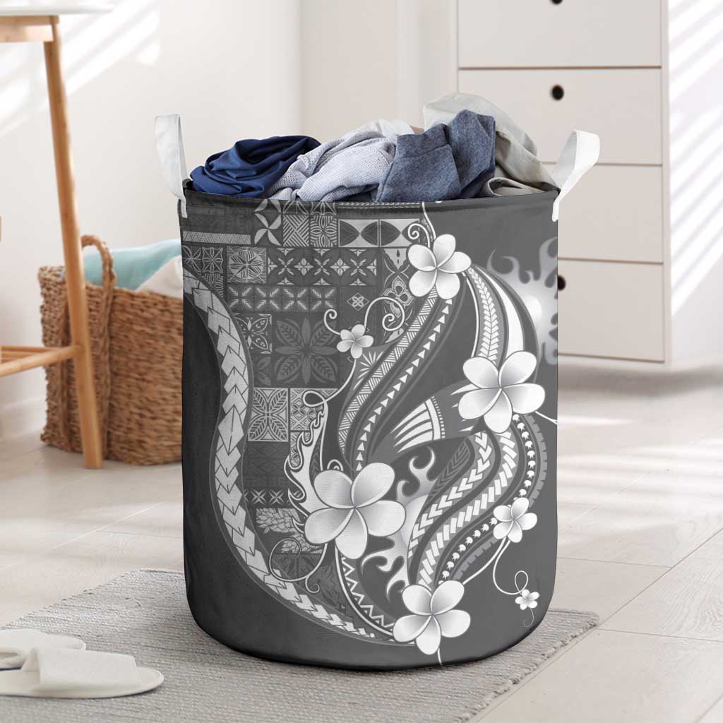 Samoa Siapo Tribal Pattern Laundry Basket Light Gray Polynesian Plumeria Tapa Motif